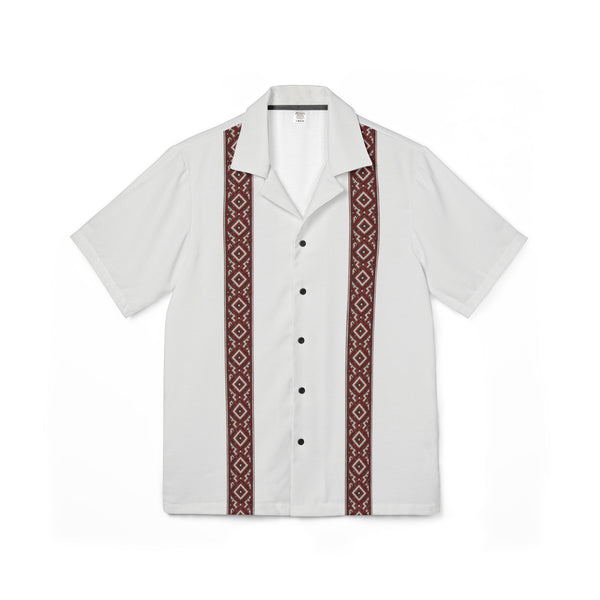 Crisp White Men's Hawaiian Camp Shirt Lithuanian Inspired Folk Striped