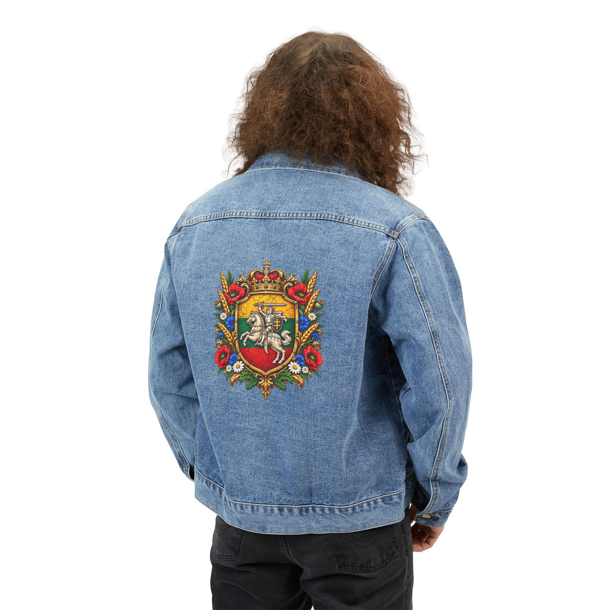 Lithuanian Royal Crest Design Denim Jacket | Embroidered Floral Back Artwork