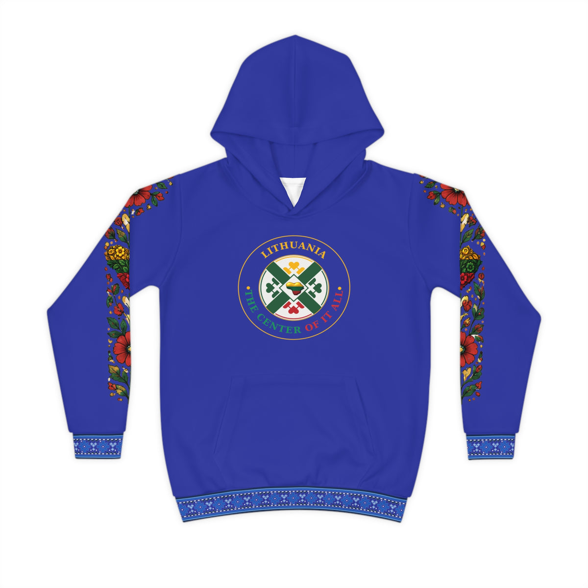 Blue Lithuanian Cosmic Tree Heart Design-Center of it All Youth Hoodie with Flower Sleeve