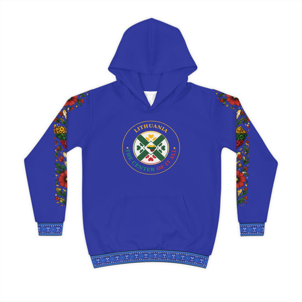 Blue Lithuanian Cosmic Tree Heart Design-Center of it All Youth Hoodie with Flower Sleeve