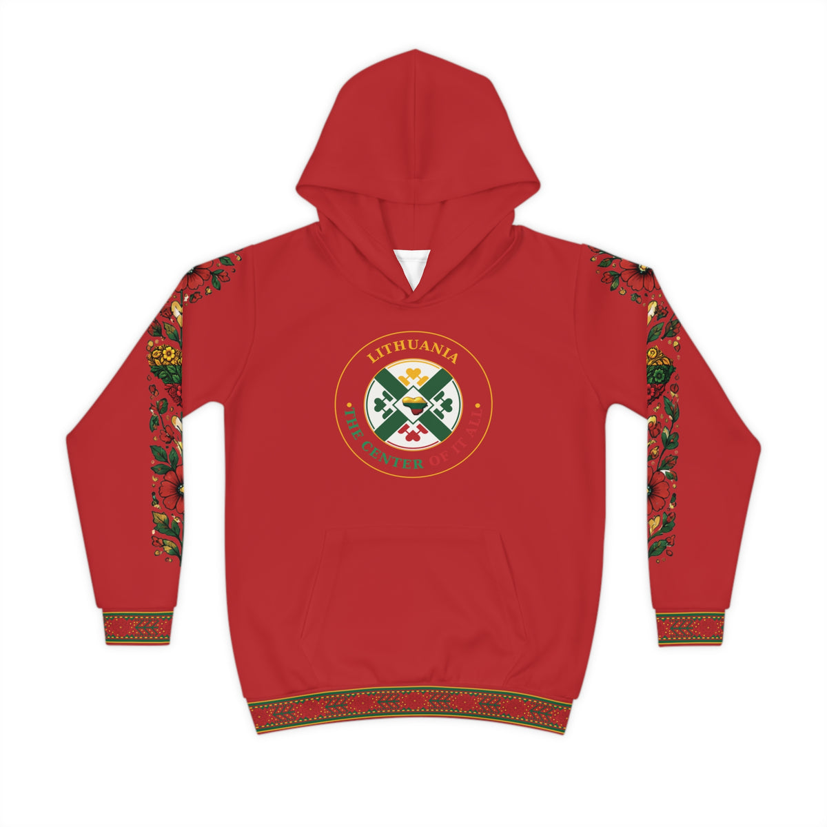 Red Lithuanian Design Lithuanian Cosmic Tree Heart Design-Center of it All Youth Hoodie with Flower Sleeve