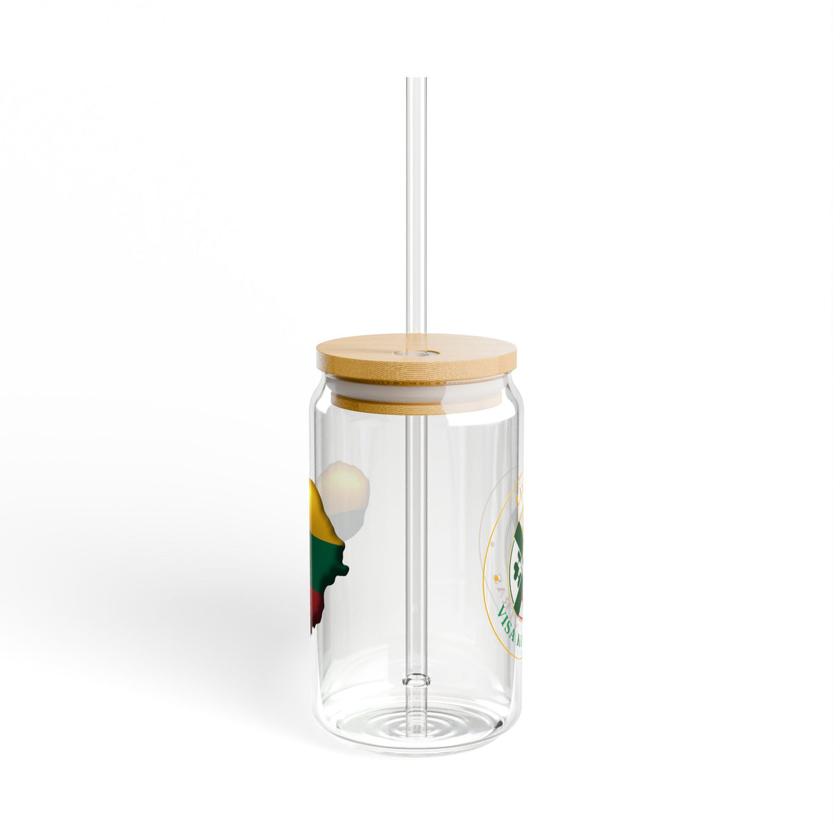 Heart of Lithuania Sipper Glass 16 oz | Lithuania Glass Tumbler with Bamboo Lid