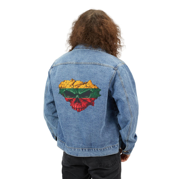 Lithuanian Skull Design Denim Jacket | Embroidered Floral Back Artwork
