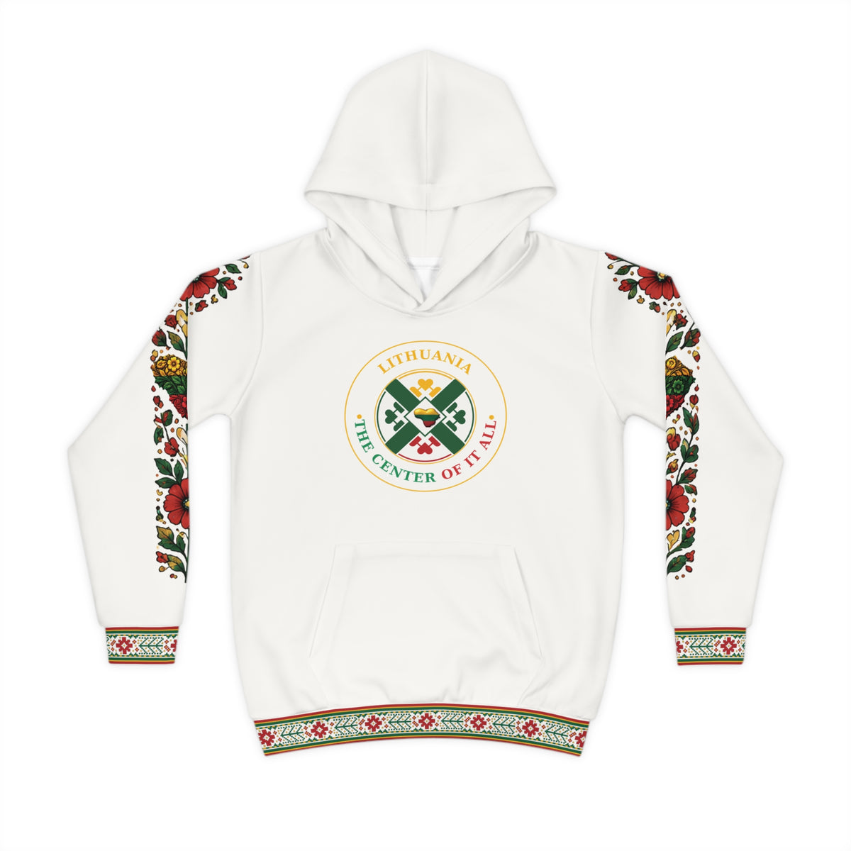 Crisp White Lithuanian Design Lithuanian Cosmic Tree Heart Design-Center of it All Youth Hoodie with Flower Sleeve