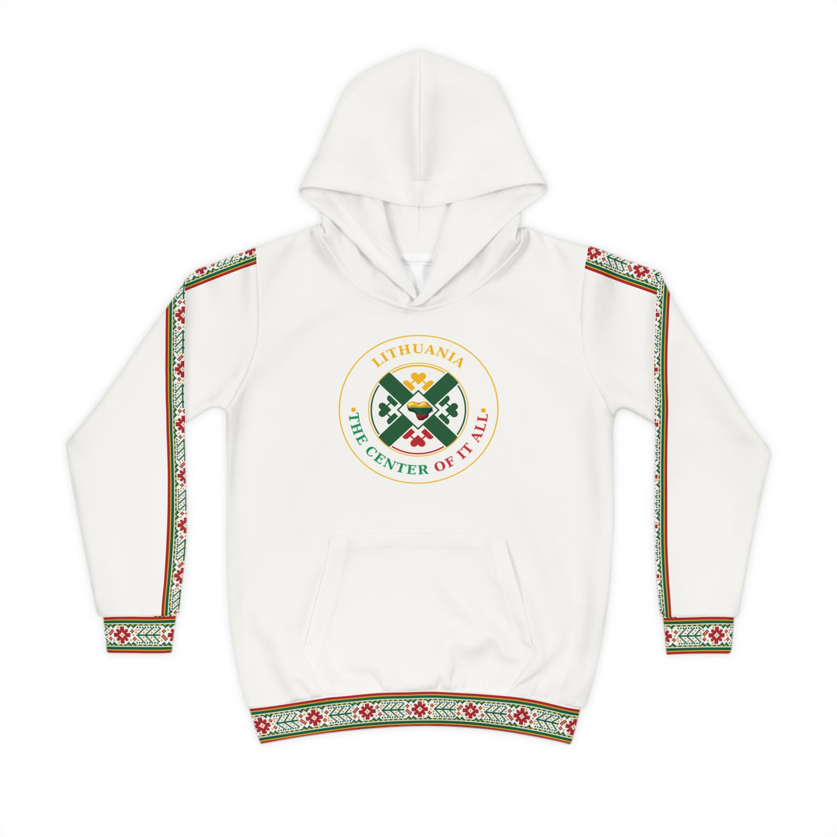 Lithuanian design on Crisp White Lithuanian Cosmic Tree Heart Design-Center of it All Youth Hoodie