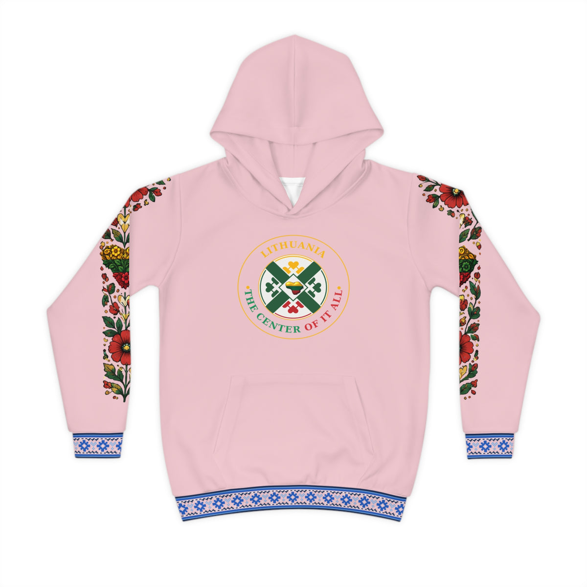 Pink Lithuanian Cosmic Tree Heart Design-Center of it All Youth Hoodie with Flower Sleeve