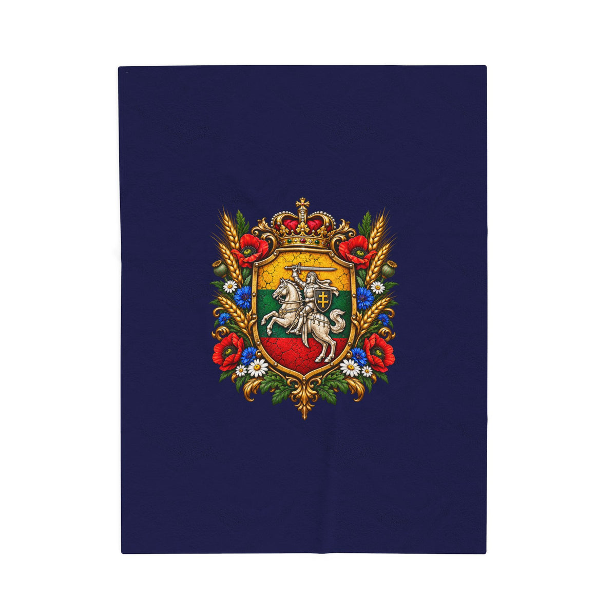 Blue with Lithuanian Royal Crest Design Velveteen Plush Blanket