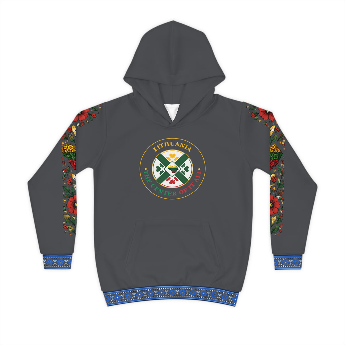 Graphite Lithuanian Cosmic Tree Heart Design-Center of it All Youth Hoodie with Flower Sleeve