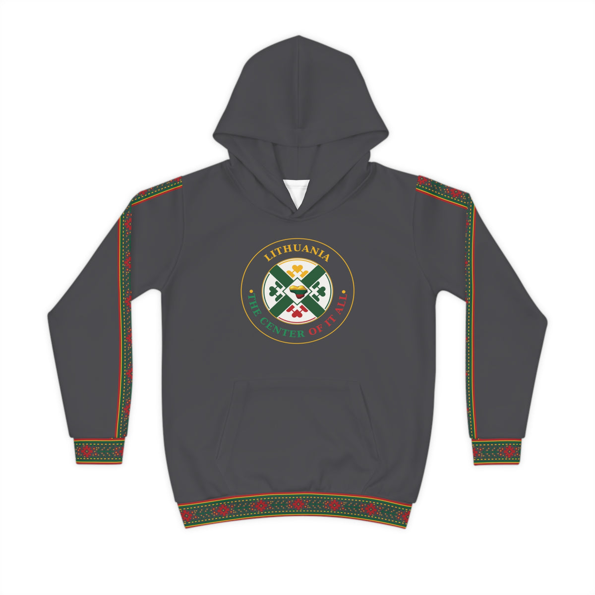 Lithuanian design on Graphite Color Lithuanian Cosmic Tree Heart Design-Center of it All Youth Hoodie