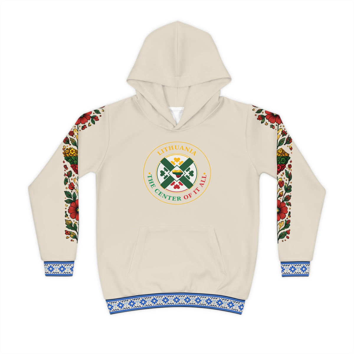 Natural Linen Lithuanian Cosmic Tree Heart Design-Center of it All Youth Hoodie with Flower Sleeve