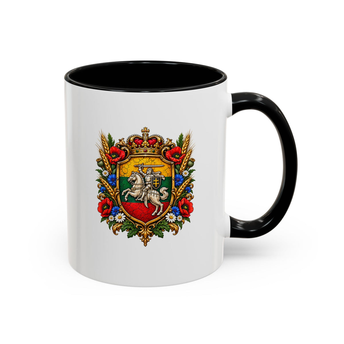 Lithuanian Royal Coat of Arms Design With Lithuanian Floral Heart Design Accent Coffee Mug