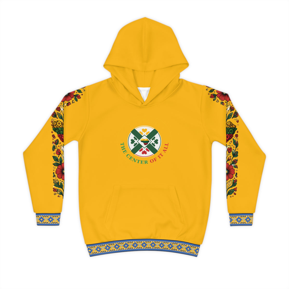 Yellow Lithuanian Cosmic Tree Heart Design-Center of it All Youth Hoodie with Flower Sleeve