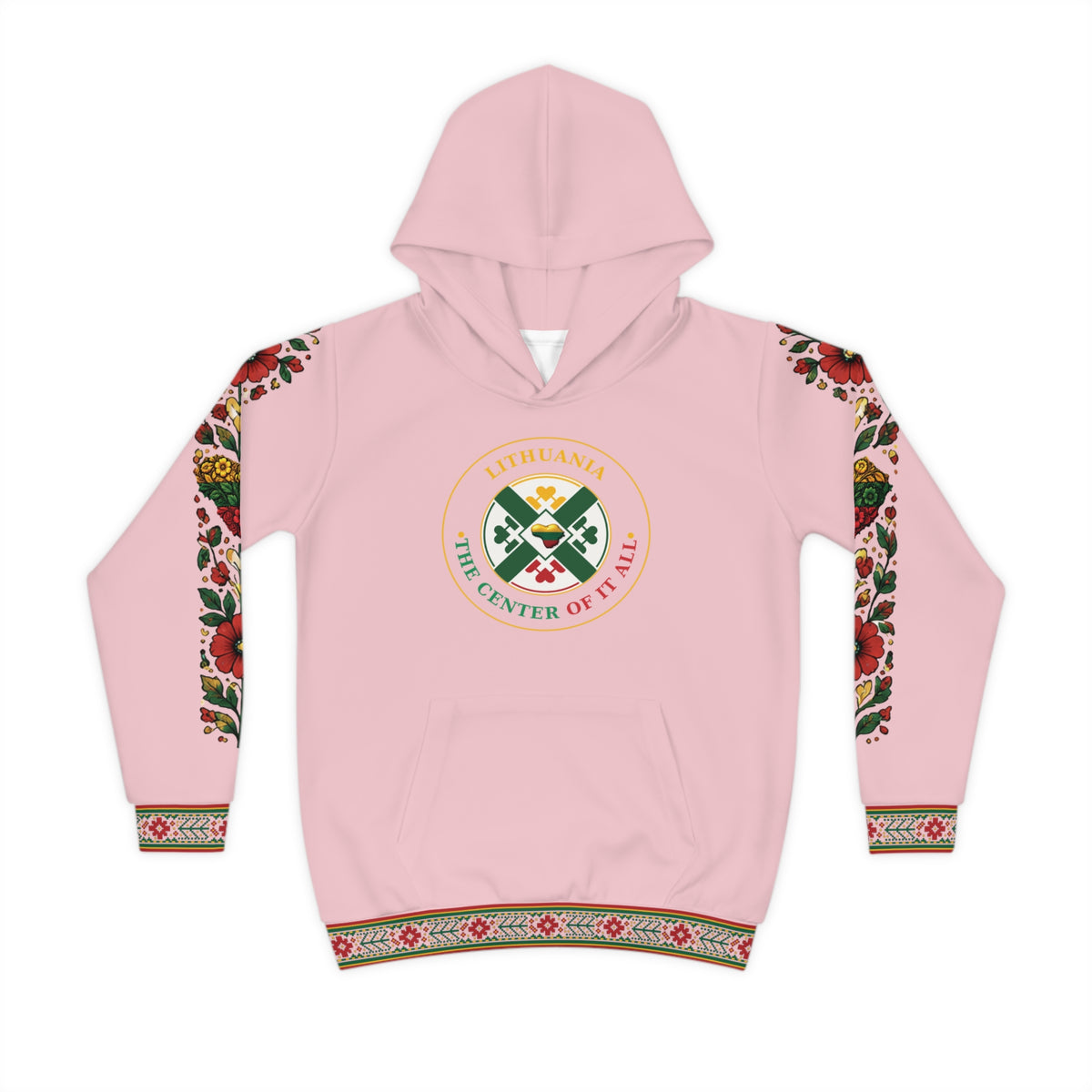 Pink Lithuanian Design Lithuanian Cosmic Tree Heart Design-Center of it All Youth Hoodie with Flower Sleeve
