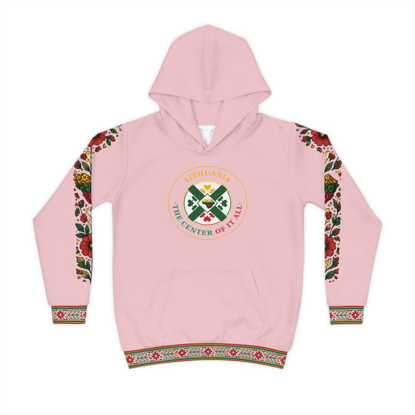 Pink Lithuanian Design Lithuanian Cosmic Tree Heart Design-Center of it All Youth Hoodie with Flower Sleeve