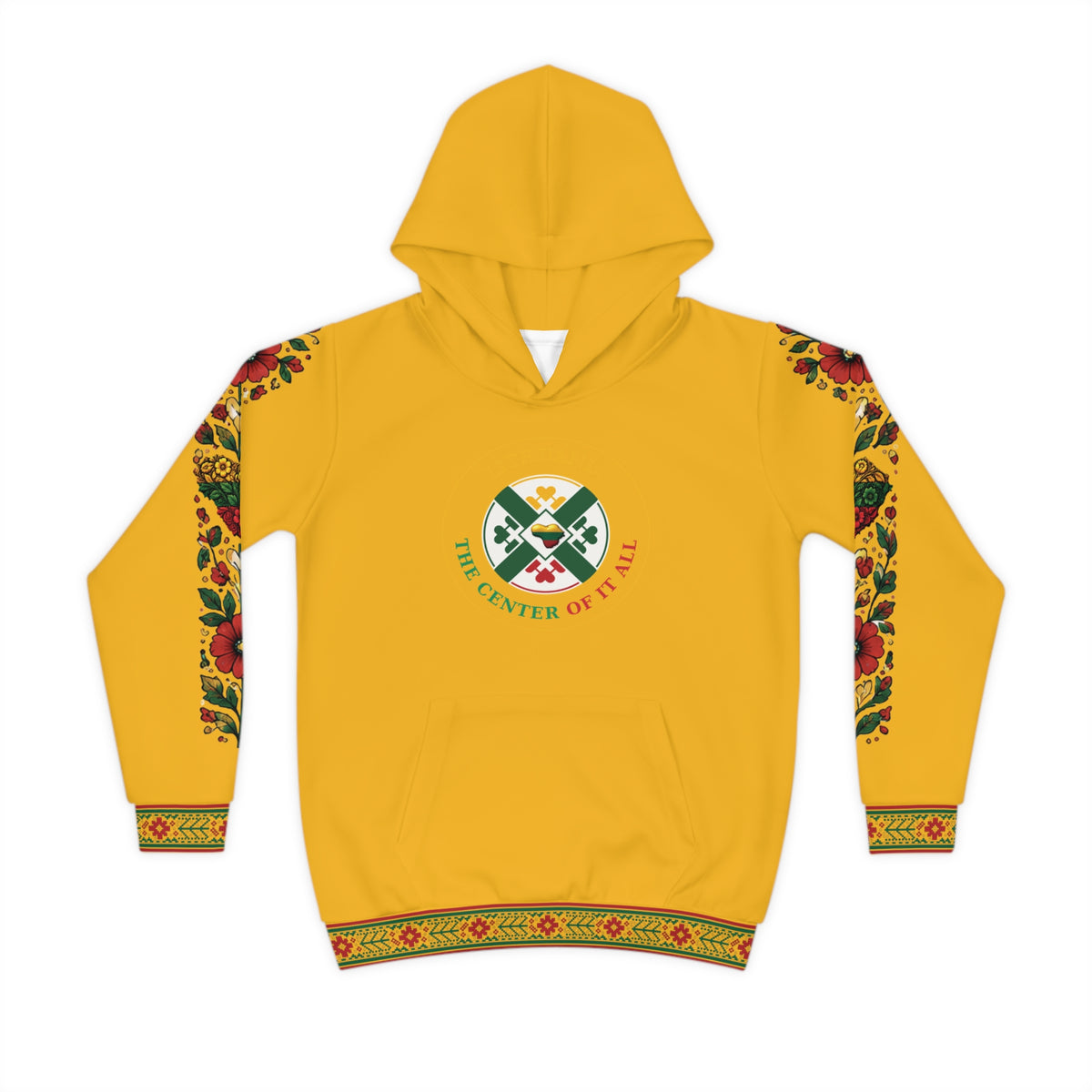 Yellow Lithuanian Design Lithuanian Cosmic Tree Heart Design-Center of it All Youth Hoodie with Flower Sleeve