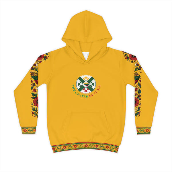 Yellow Lithuanian Design Lithuanian Cosmic Tree Heart Design-Center of it All Youth Hoodie with Flower Sleeve
