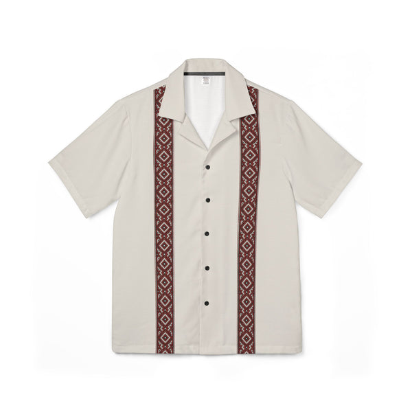 Ivory White Men's Hawaiian Camp Shirt Lithuanian Inspired Folk Striped
