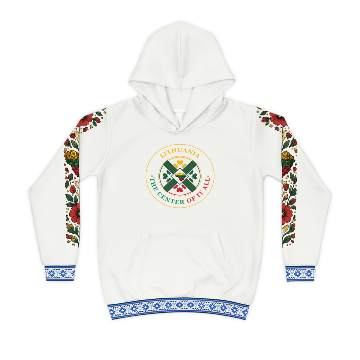 Crisp White Lithuanian Cosmic Tree Heart Design-Center of it All Youth Hoodie with Flower Sleeve