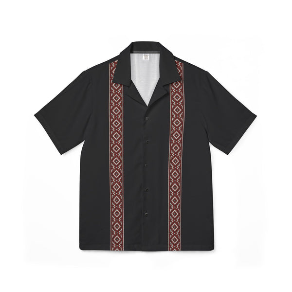 Black Men's Camp Shirt Lithuanian Inspired Folk Striped