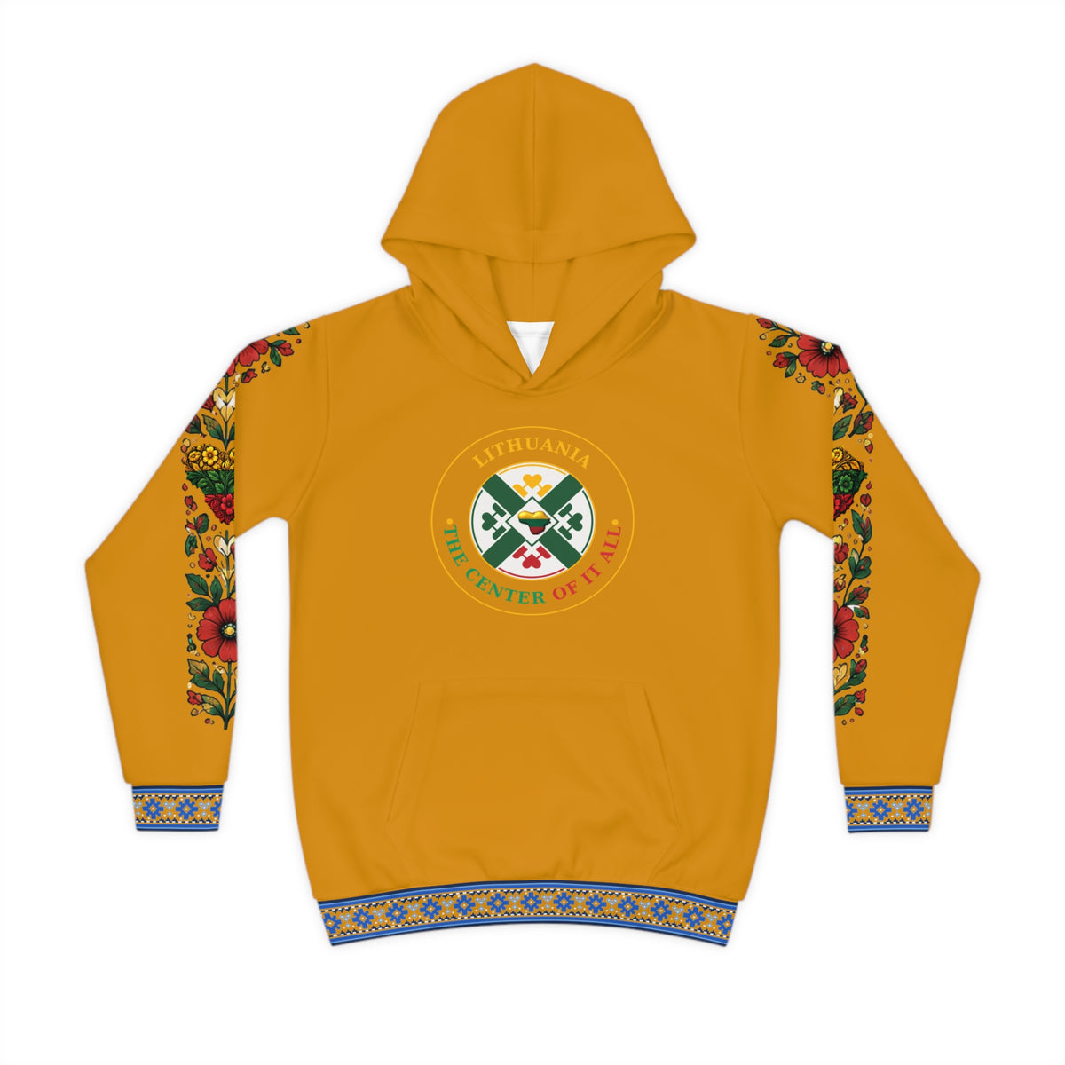Amber Colored Lithuanian Cosmic Tree Heart Design-Center of it All Youth Hoodie with Flower Sleeve