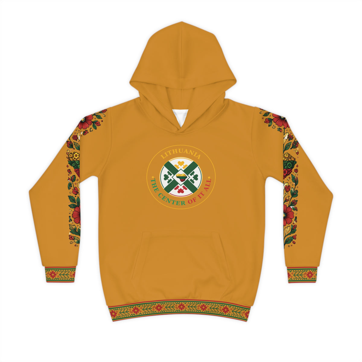 Amber Colored Lithuanian Cosmic Tree Heart Design-Center of it All Youth Hoodie with Flower Sleeve