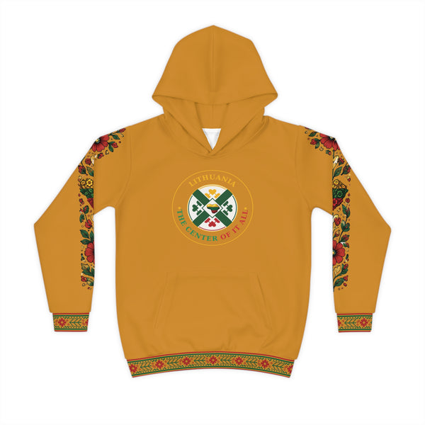 Amber Colored Lithuanian Cosmic Tree Heart Design-Center of it All Youth Hoodie with Flower Sleeve