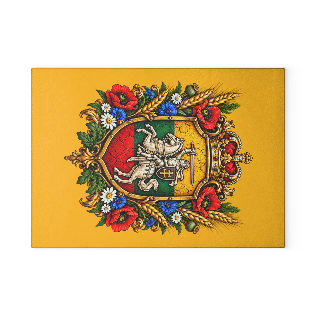 Lithuanian Royal Crest Design Glass Cutting Board Yellow