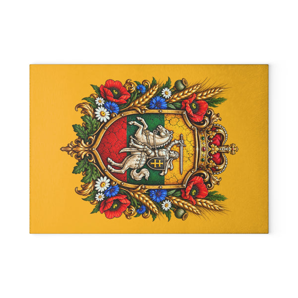 Lithuanian Royal Crest Design Glass Cutting Board Yellow