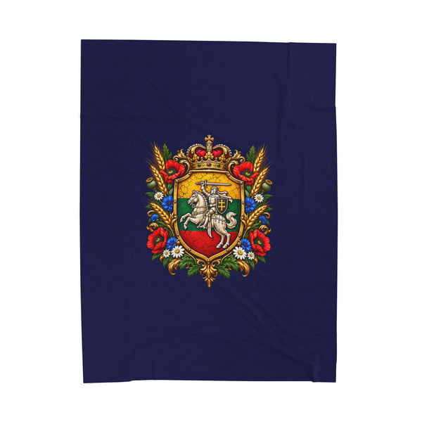 Blue with Lithuanian Royal Crest Design Velveteen Plush Blanket