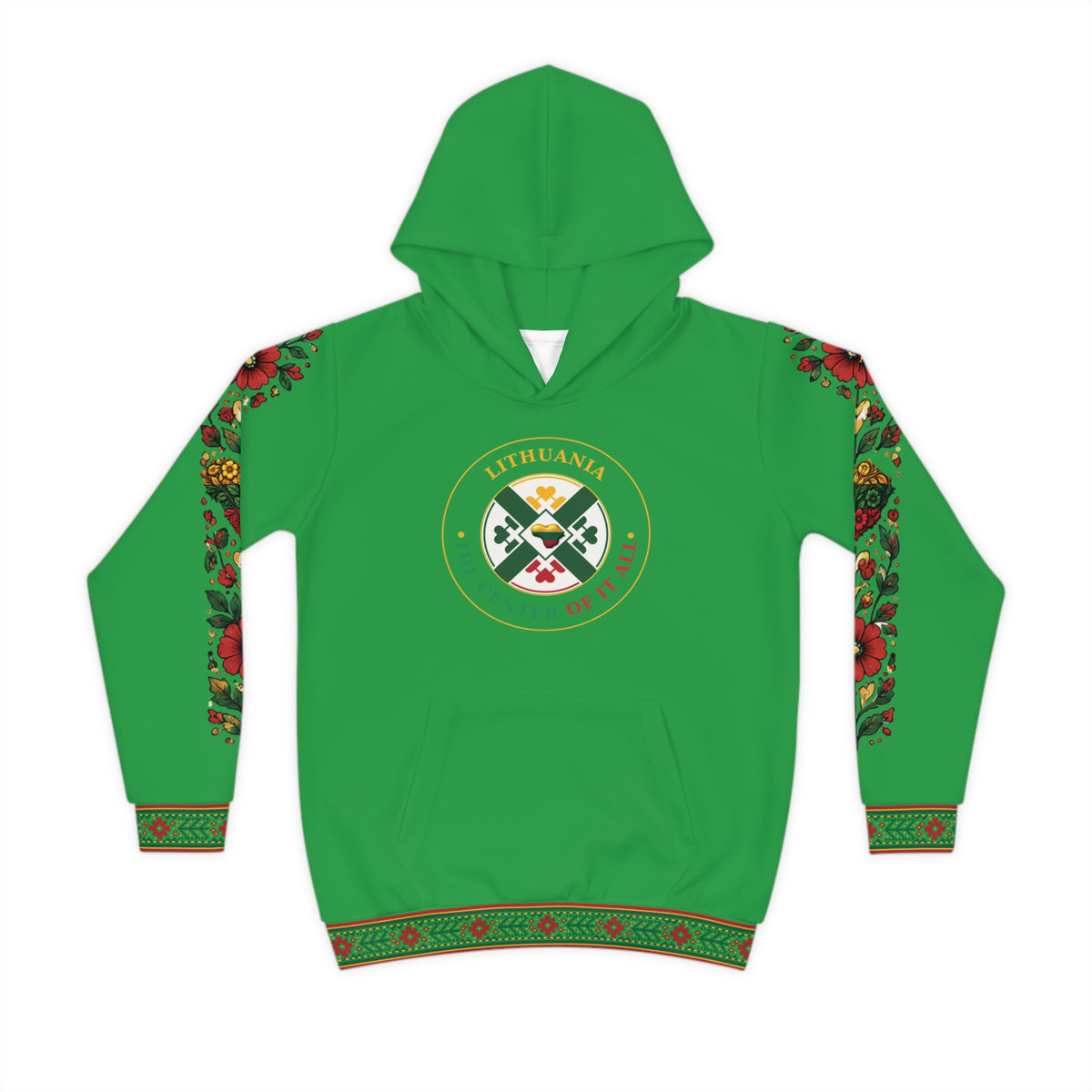 Lithuanian design on Green Lithuanian Cosmic Tree Heart Design-Center of it All Youth Hoodie with Flower Sleeve
