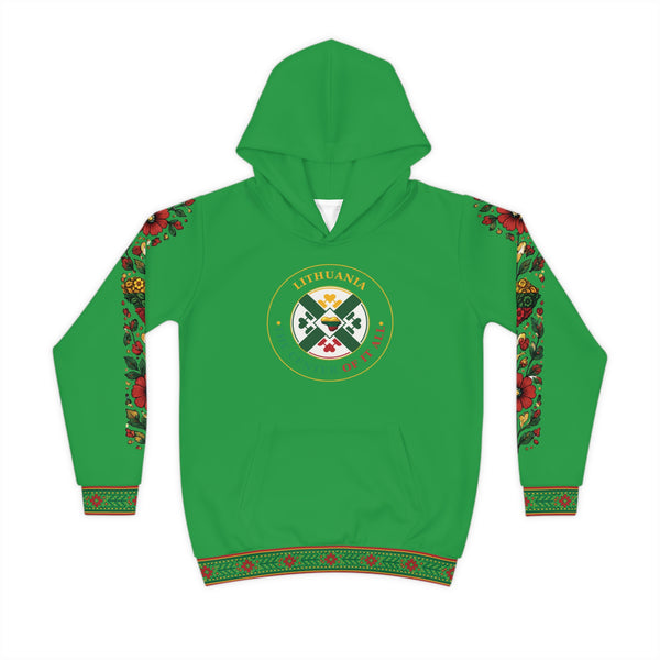 Lithuanian design on Green Lithuanian Cosmic Tree Heart Design-Center of it All Youth Hoodie with Flower Sleeve