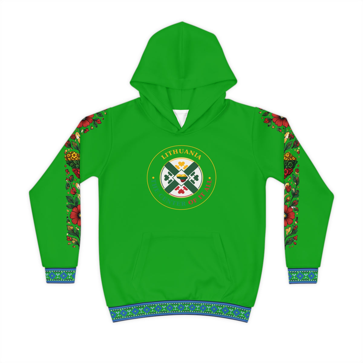 Green Lithuanian Cosmic Tree Heart Design-Center of it All Youth Hoodie with Flower Sleeve