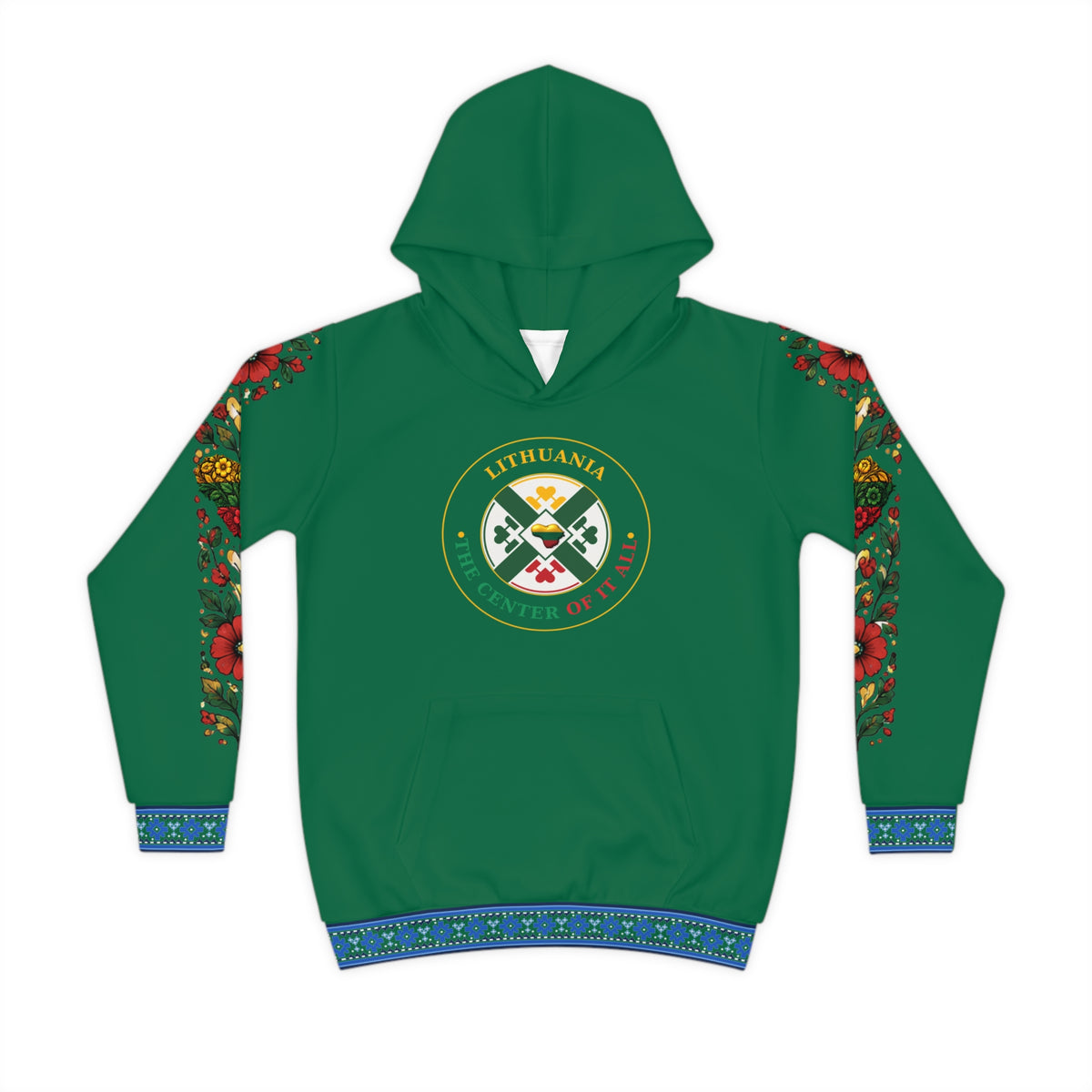 Lithuanian Flag Green Lithuanian Cosmic Tree Heart Design-Center of it All Youth Hoodie with Flower Sleeve