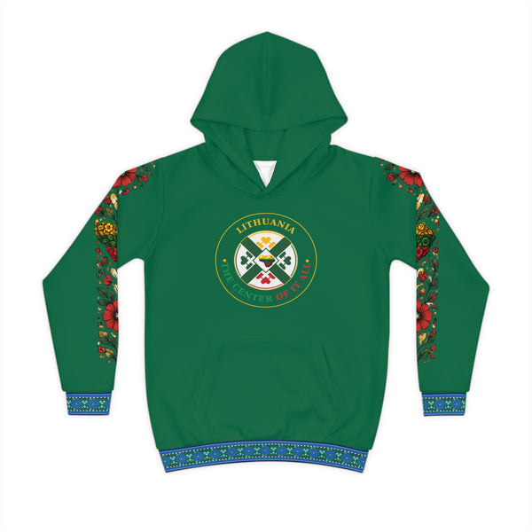 Lithuanian Flag Green Lithuanian Cosmic Tree Heart Design-Center of it All Youth Hoodie with Flower Sleeve