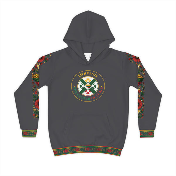 Lithuanian design on Graphite Color Lithuanian Cosmic Tree Heart Design-Center of it All Youth Hoodie with Flower Sleeve